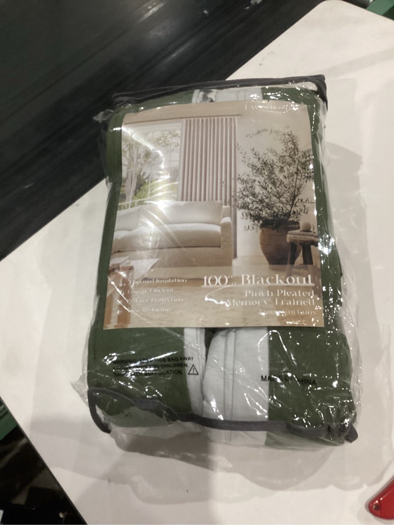 Condition photo showing New/Like New for Olive Green Pleated Linen Blackout Curtains 102 Inches Long for Bedroom Living Room Pinch Pleat Black Out Thermal Insulated Ring Hooks Room Darkening Drapes Dark Green Curtains with Liner 40x102 Olive Green 40"W x 102"L (Pack of 2)