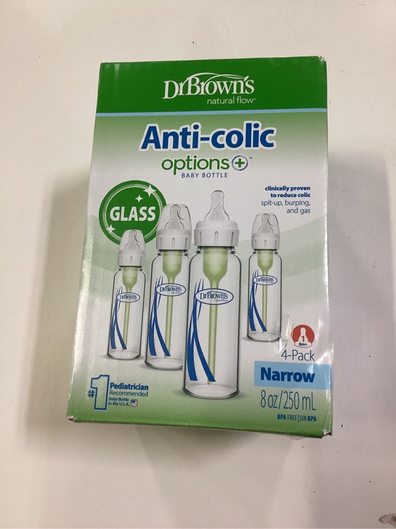 Condition photo showing New/Like New for dr. brown's anti-colic options+ narrow glass baby bottle with level 1 slow flow nipple, bpa-free, 8 oz/250 ml, 0m+, 4-pack (packaging may vary)