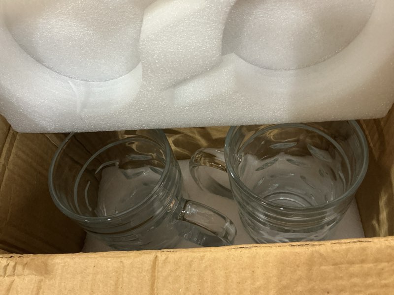 Condition photo showing New/Like New for yesland 2 pack beer mug for freezer, 1.2 l /40 oz glass beer stein mugs with handle large heavy-duty beer cups drinking glassware pub drinking mugs for bar, alcohol, beverages, men, clear