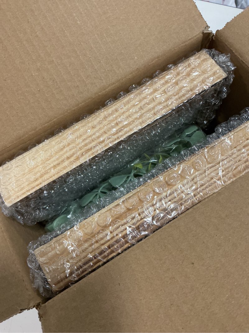 Condition photo showing New/Like New for 2 pack fake plants hanging, artificial eucalyptus vines in square wooden frame with led lights, boho wall decor for office living room bathroom bedroom kitchen, 7.8 inch, burnt wood 7.8" burnt
