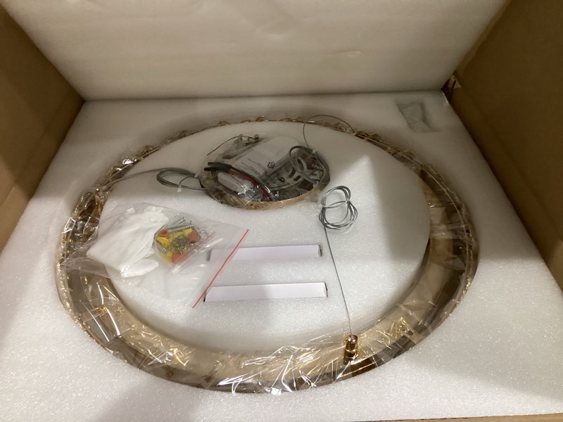 Condition photo showing New/Like New for 19 Inch Gold Crystal Chandelier for Dining Room - Modern Round LED Ceiling Light with K9 Crystals, Luxury Lighting for Foyer, Kitchen Island & Bedroom L23" x W23" x H10"