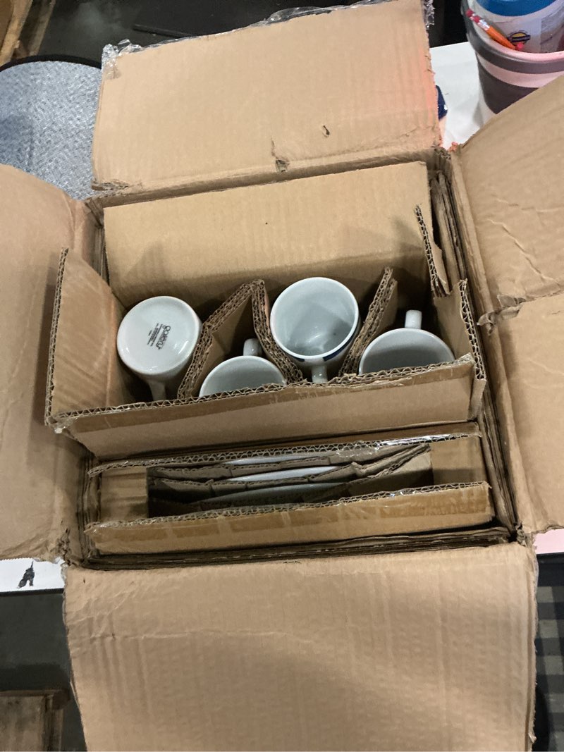Condition photo showing New/Like New for set of 6 crate & barrel aspen can mugs white porcelain 11oz coffee cups new and plates