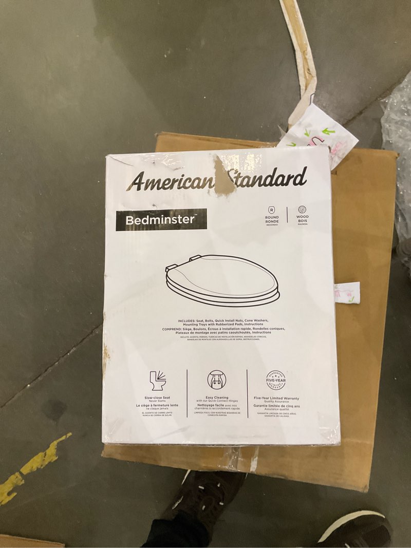 Condition photo showing As Is for american standard bedminster wood white round soft close toilet seat