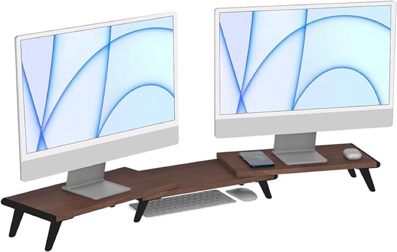 loukin dual monitor stand riser for desk, 43.6"*8.2"*3.2" large computer stand for 2 monitors, laptop, printer, length and angle adjustable computer shelf, home office,max 43.6" length(brown)