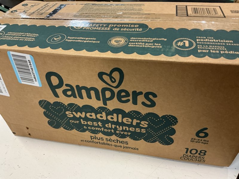 Condition photo showing New/Like New for pampers swaddlers diapers, size 6 (23-44 lbs), 108 count, absorbent, keeps baby dry and comfortable, skin safe disposable baby diaper (packaging may vary) size 6 108