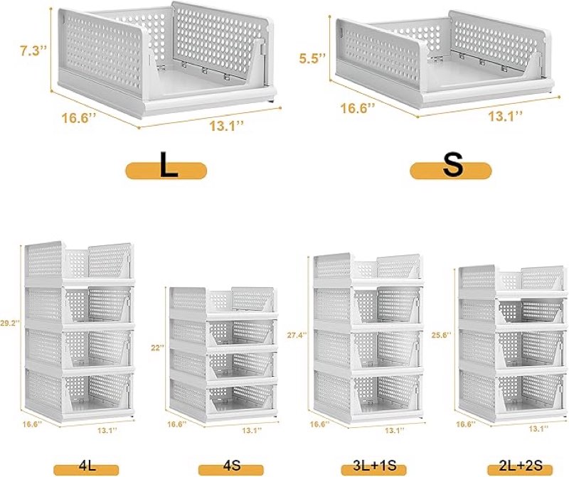 proarea stackable plastic storage basket closet organizer bin foldable clothes organizer storage drawer shelf container for living room bathroom kitchen office laundry room