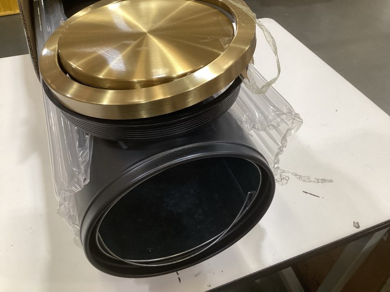 Condition photo showing As Is for 30l/8gal gold brass kitchen trash can,tall commercial garbage can with filp lid,black and gold trash can for kitchen,shopping mall,elevator gate,airport, hotel,commercial (black)