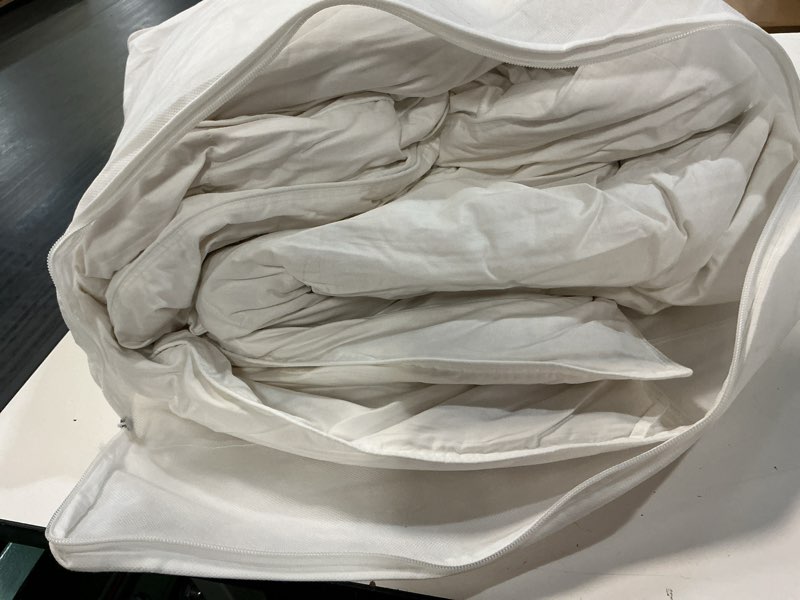 Condition photo showing As Is for ultra warm luxe goose down comforter, full/queen, white