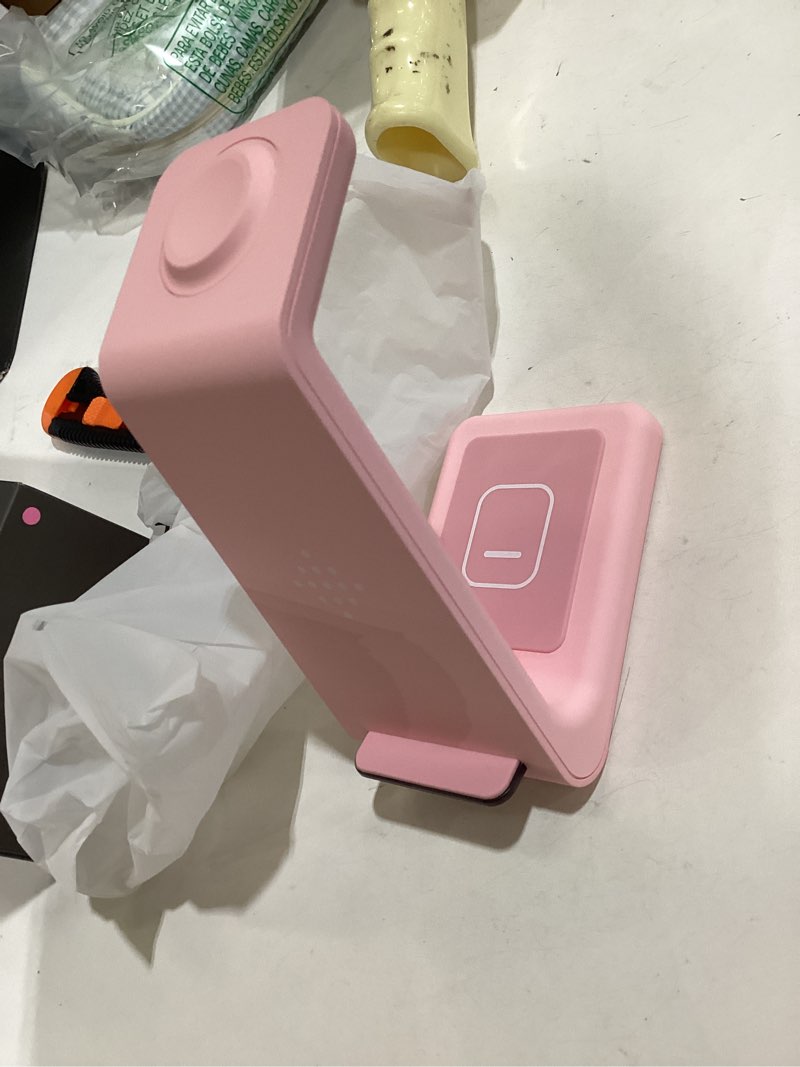Condition photo showing As Is for 3 in 1 wireless charging station, 2026 upgraded fast desk charger station for iphone 17 16 15 14 13 12 pro max plus, charger stand for apple watch 10 9 8 7 6 5 4 3 2 se, airpods 4 3 2 pro(pink) c-pink