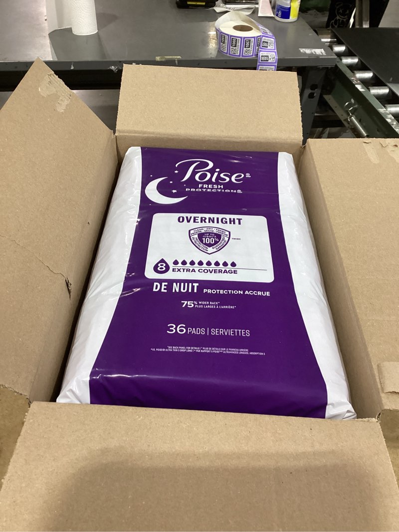 Condition photo showing New/Like New for poise overnight incontinence & postpartum pads for bladder leaks, 8 drop extra coverage, 72 count (2 packs of 36), packaging may vary long 72