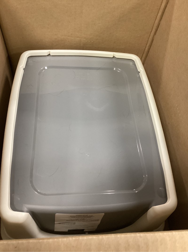 Condition photo showing As Is for amazon basics large cat litter box with high sides, open top for easy access, includes scoop with storage, 19" x 15" x 11.75", grey/beige grey/beige open top
