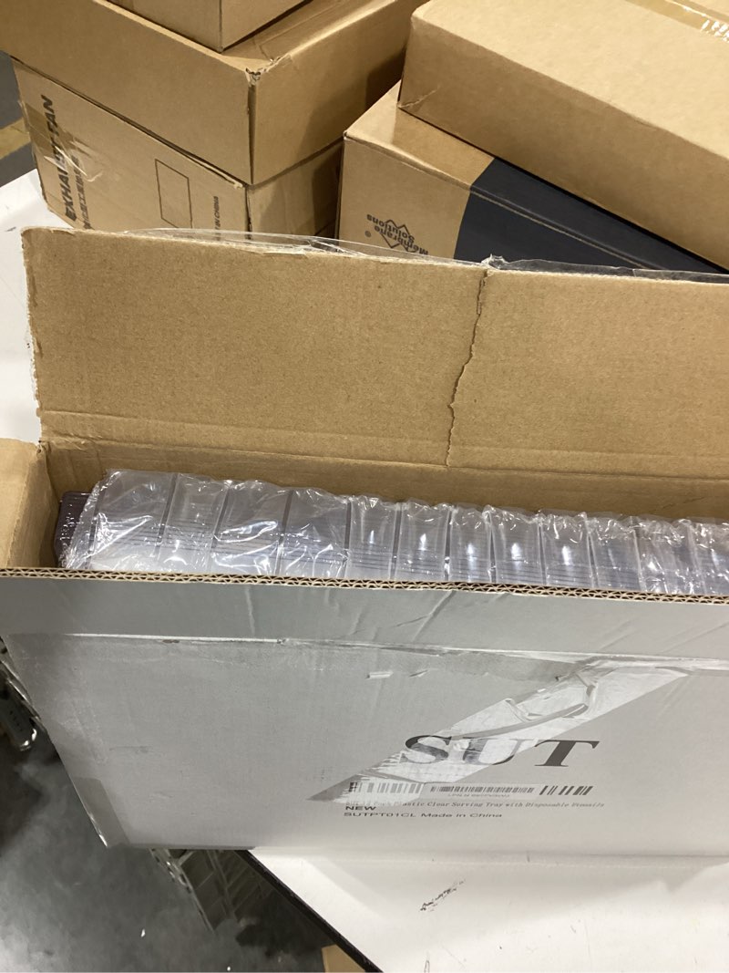 Condition photo showing New/Like New for SUT 12 Pack Clear Plastic Serving Trays with Special Shapes, 15’’×10’’ Rectangle Serving Platters Disposable Food Trays for Weddings and Parties