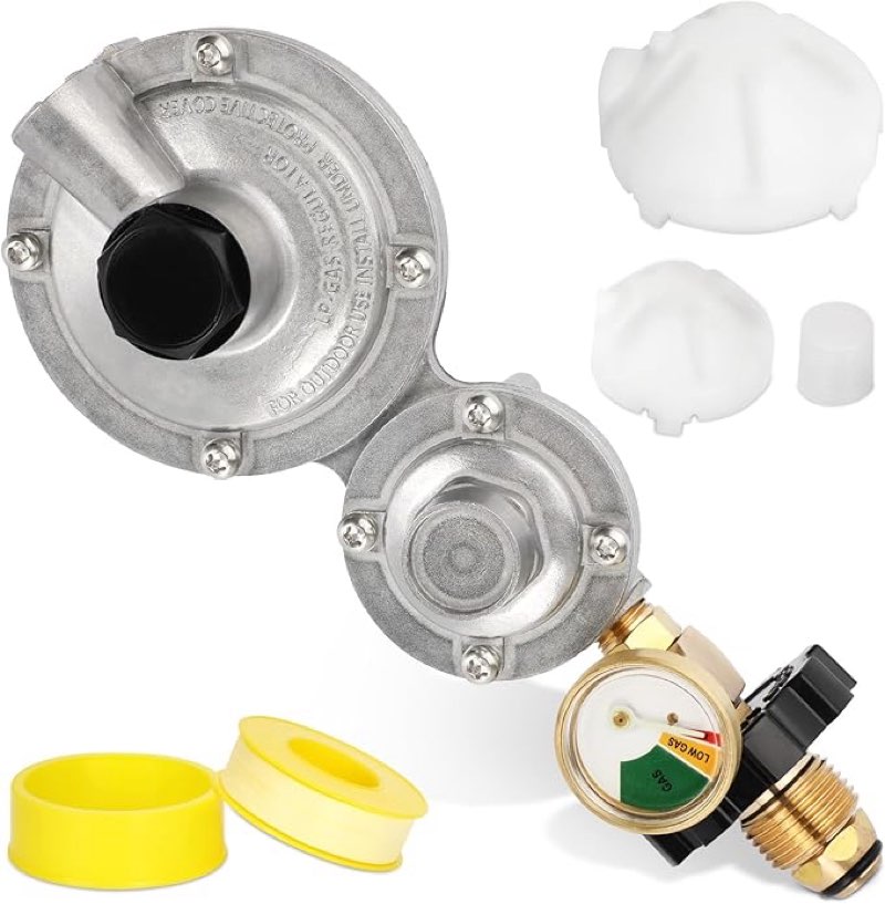nupick two stage propane regulator with gauge, rv gas regulator with pol inlet x 3/8" female npt out
