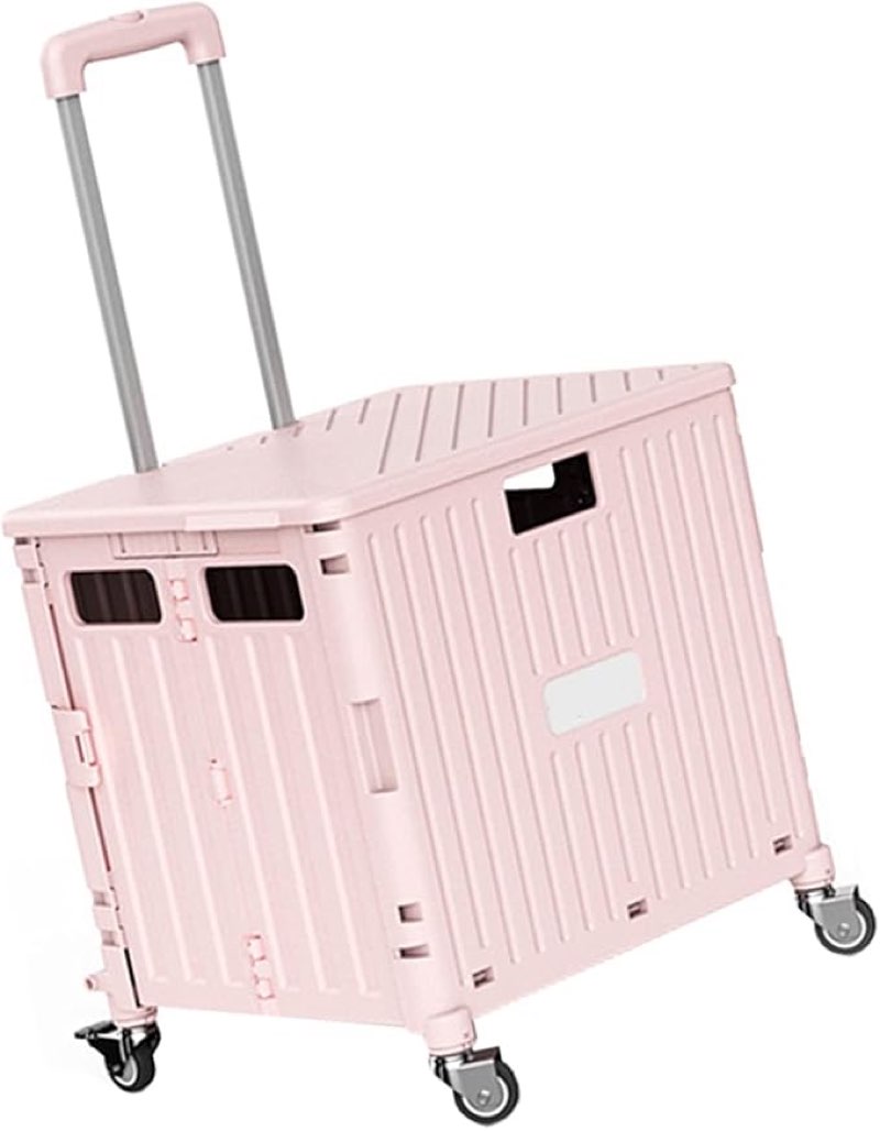 ASN Wheeled Collapsible Handcart Foldable Utility cart with lid, 4-Wheel Foldable Shopping Trolley with Brake System, Heavy-Duty Portable Rolling Crate Trolley (Color : Pink