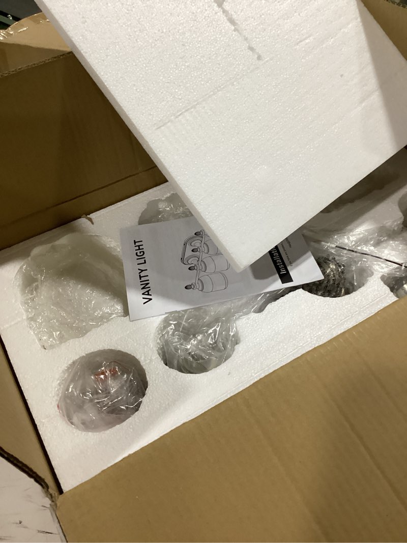 Condition photo showing Good Condition for keonjinn brushed nickel bathroom light fixtures, 3-light vintage vanity lights for mirror with frosted glass shades, ul listed e26 base reversible vanity lighting fixtures for wall(bulbs not included) brushed nickel 3-light