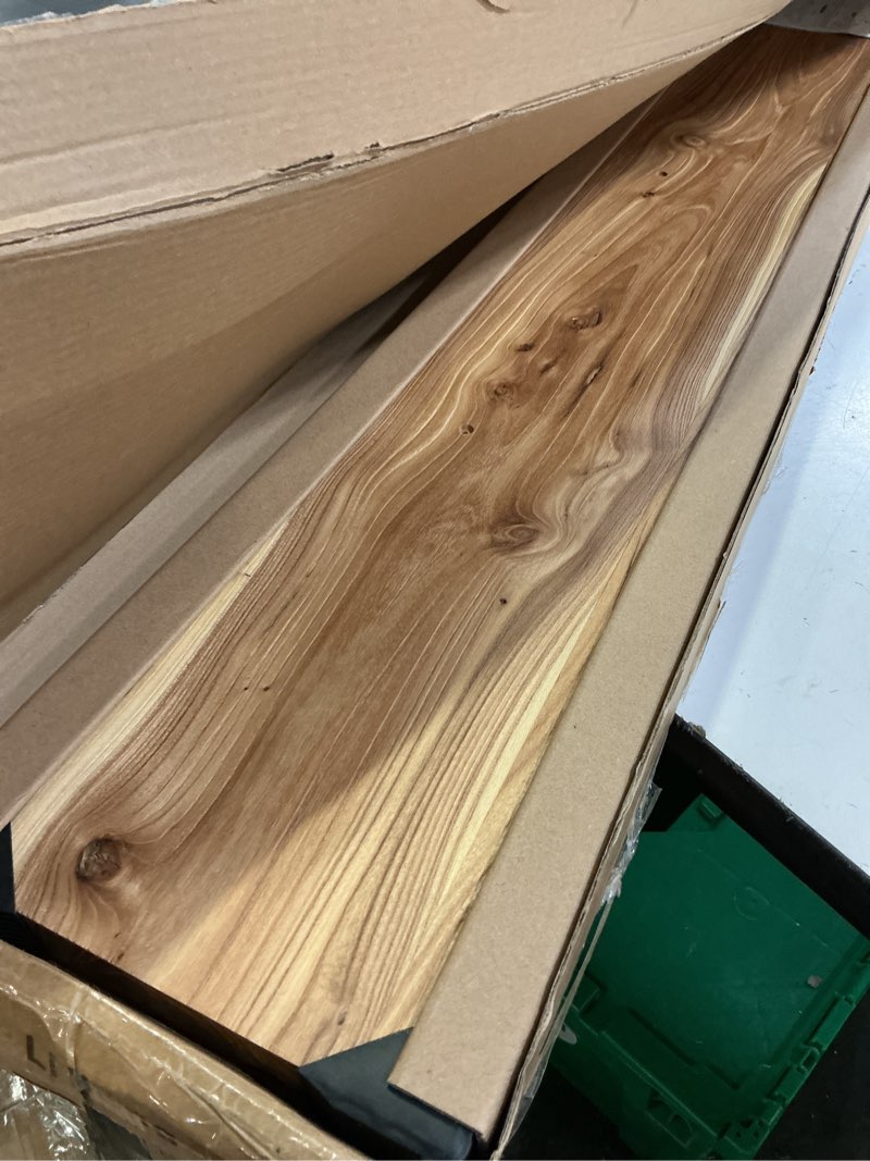 Condition photo showing Good Condition for fun memories 48" floating shelves for wall, rustic solid elm wood floating shelves - invisible bracket mount, extra long wall mounted shelf for living room, bathroom, bedroom, kitchen, natural natural elm 1 flat edge, 48"l