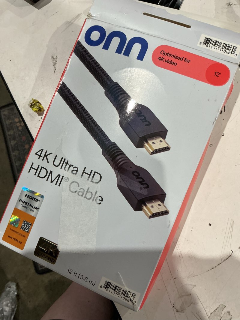 Condition photo showing As Is for onn. 12 feet high-speed hdmi cable, nylon-braided for television, black