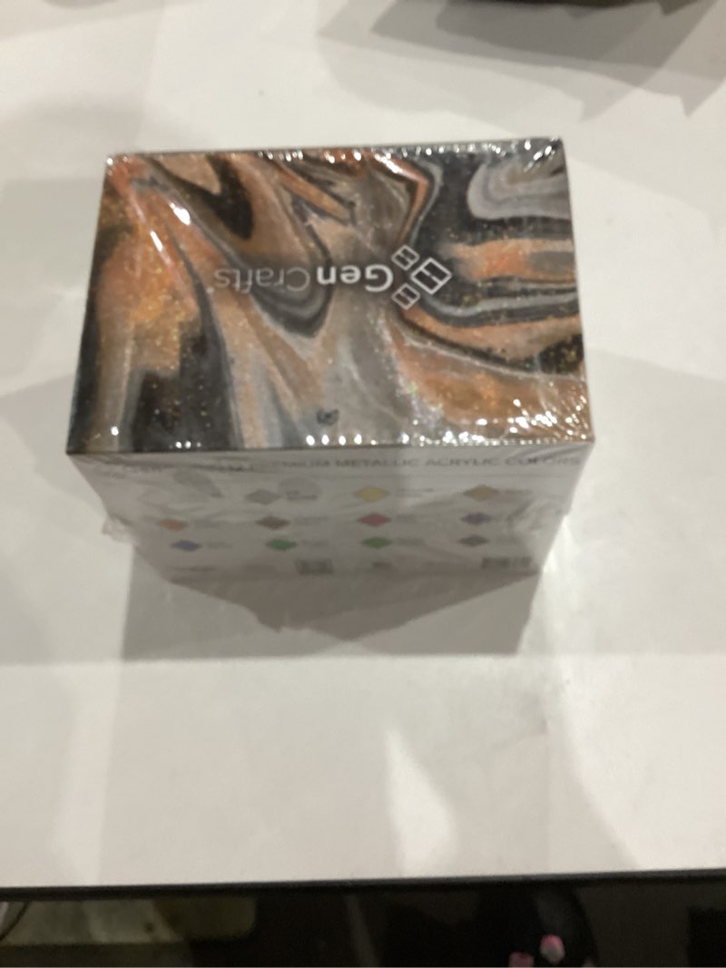 Condition photo showing New/Like New for GenCrafts Metallic Acrylic Pouring Paint 12 Colors Pre-Mixed High Flow & Ready to Pour - 2 oz./60 ml Bottles - Multi-Purpose Paints for Canvas, Paper, Rocks, Wood Metallic 12 x 60ml (2 fl oz)