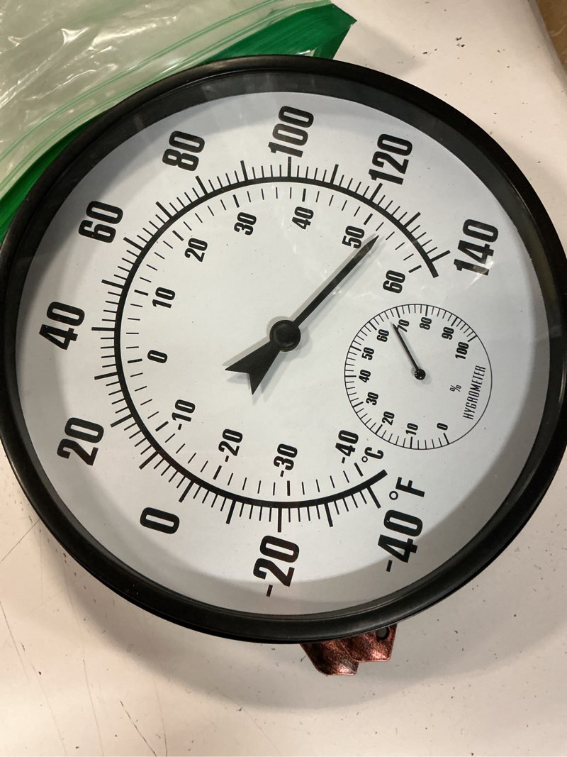 Condition photo showing Good Condition for indoor outdoor thermometer, large wall-mounted thermometer with humidity, easy to read decorative outside thermometer for patio, garden, no require batteries(brown)