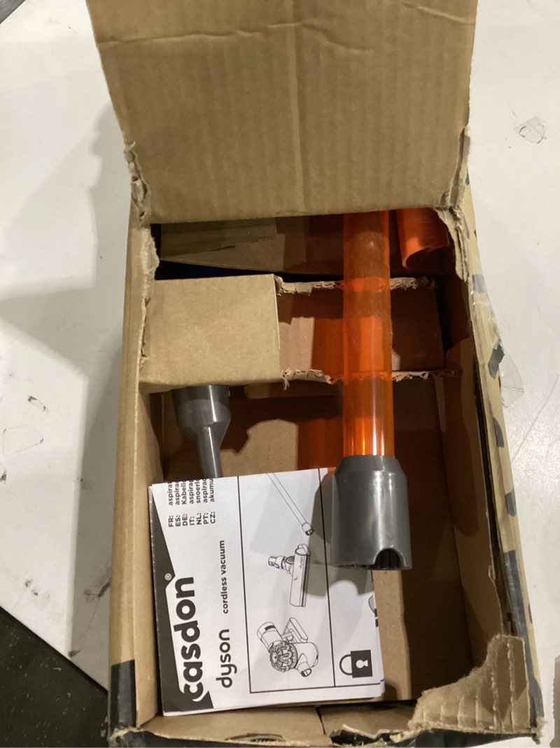 Condition photo showing As Is for (product may be damaged+not tested)casdon dyson cordless vacuum interactive & officially licensed toy dyson vacuum for children aged 3+ realistic role-play fun, purple and orange