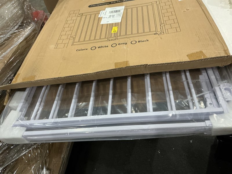 Condition photo showing Good Condition for baby gate for stairs doorways & kitchen, extra wide 32"-54" w x39 h extra tall, no bottom bar dog gate, one-handed auto-close, hardware mount safety gate for dogs & toddlers, white 32"-54" w x 39" h white