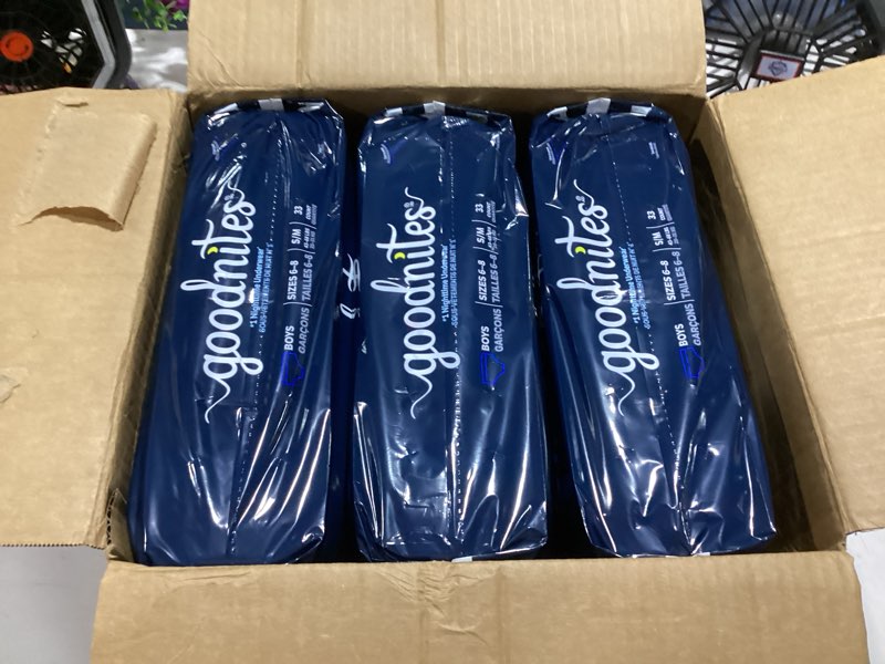 Condition photo showing New/Like New for goodnites boys nighttime underwear, size s/m, 99 ct, 3 packs of 33 small/medium 99