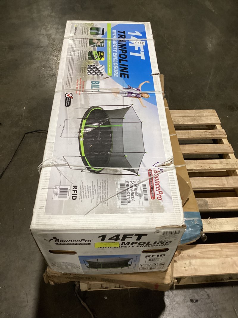 Condition photo showing New/Like New for sportspower bouncepro 14ft trampoline meets astm safety standards, heavy-duty rust-resistant steel frame, uv-resistant jump mat & safety net