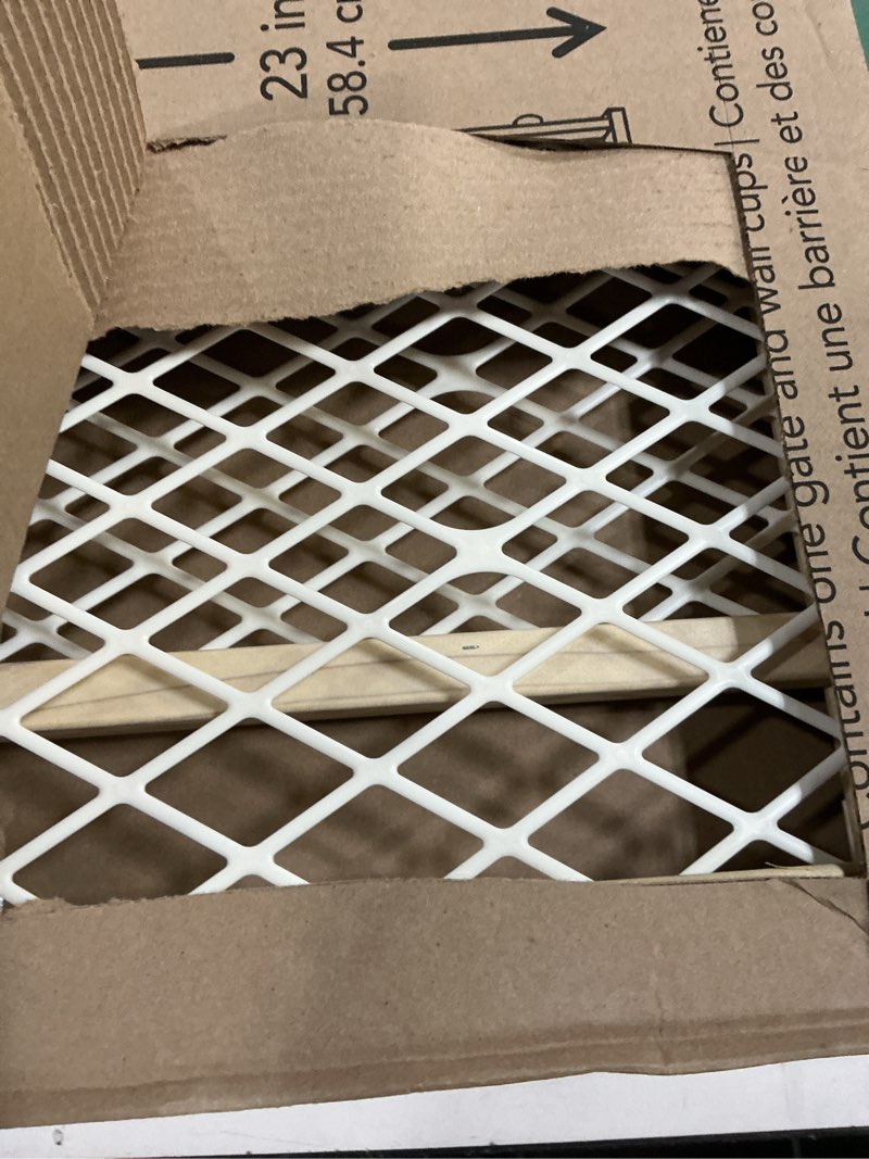 Condition photo showing As Is for toddleroo by north states - diamond mesh wooden baby gate: pressure mounted baby gate for doorways - adjustable 26.5 to 42 inches wide - 23 inches tall