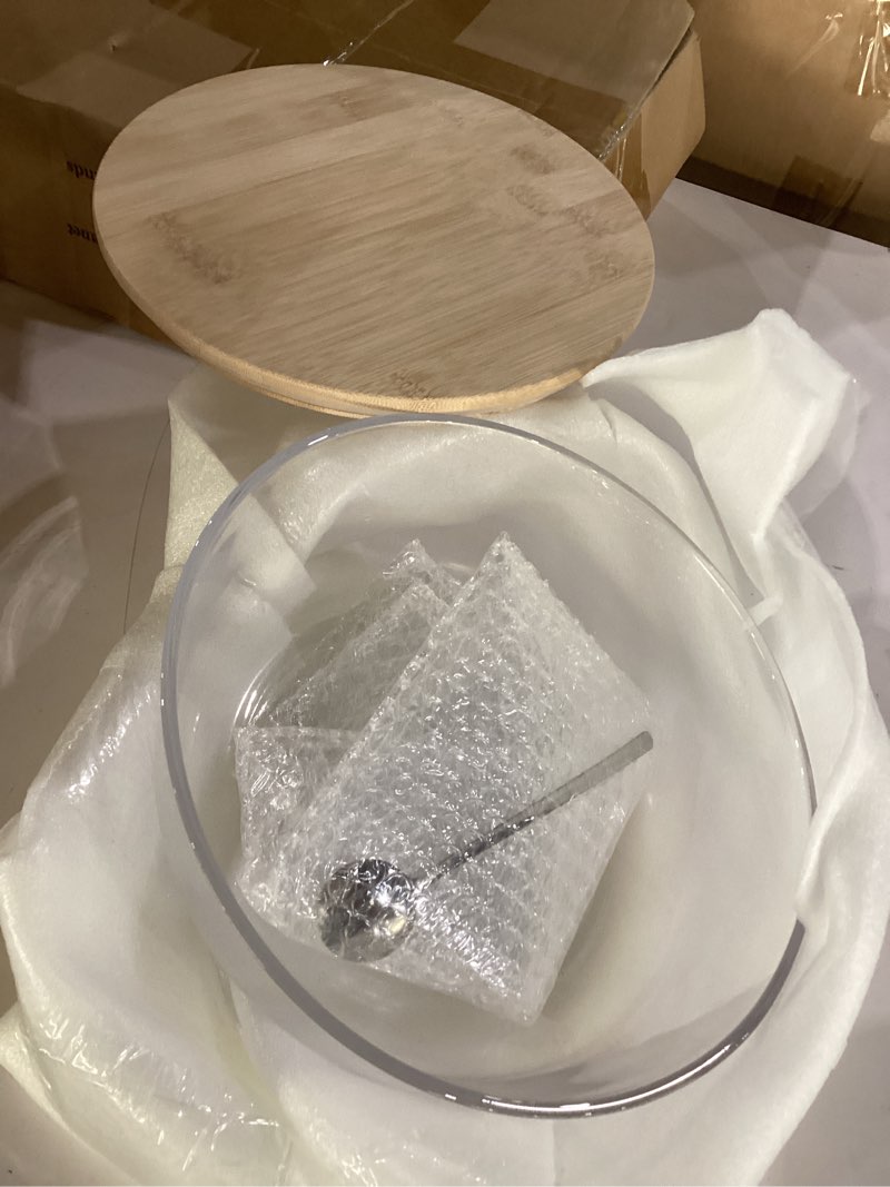 Condition photo showing Good Condition for large glass salad bowl 2.43 quart trifle glass mixing bowl with bamboo lid and stainless steel spoon for food prep, storage, baking, mixing and cooking