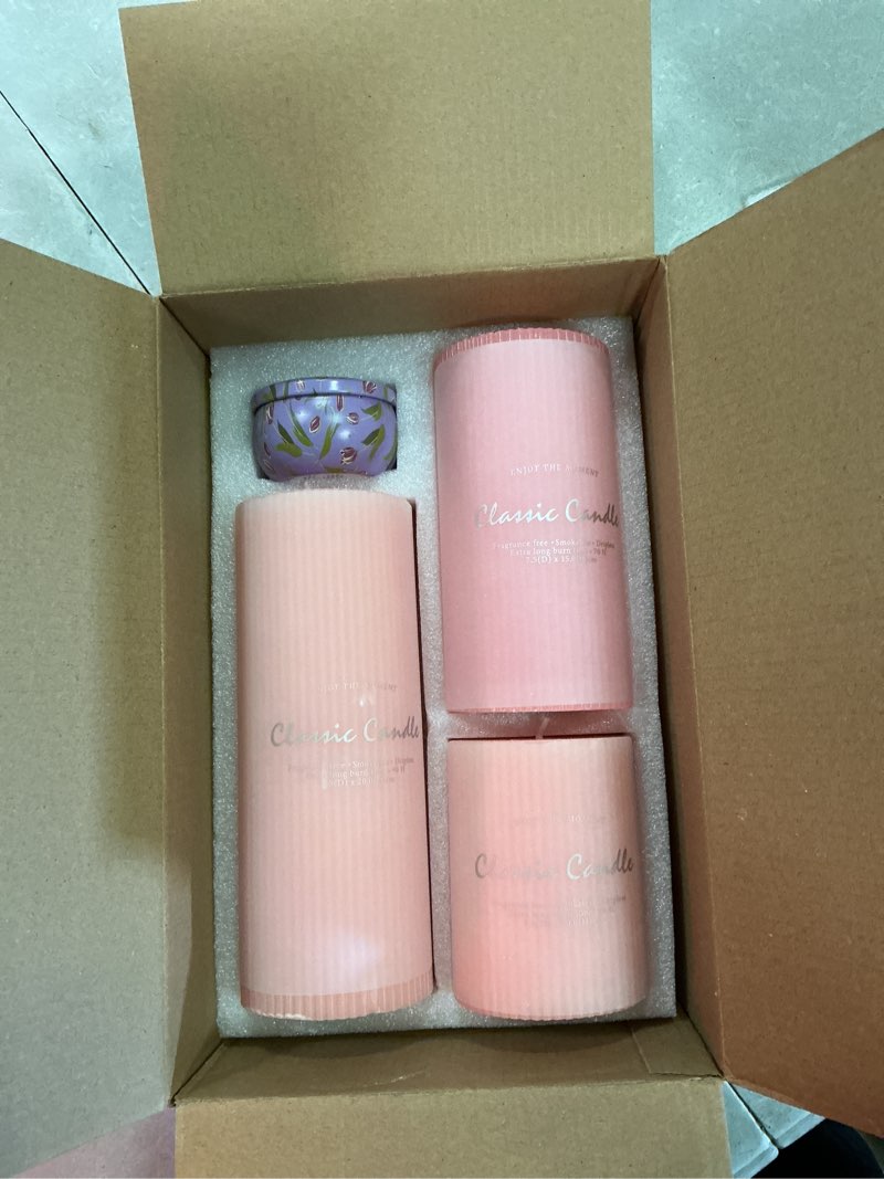 Condition photo showing Good Condition for 3-pack pink ribbed pillar candles – elegant handmade fat candles for home & events, 3" d, 4"/6"/8" h, dripless and long burning
