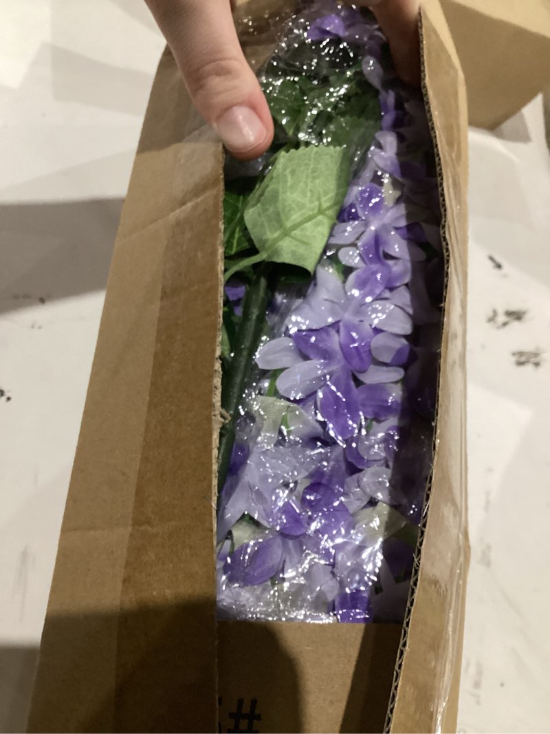 Condition photo showing As Is for recutms 10pcs fake hanging lilac flowers garland 33.5in artificial wisteria vines faux silk lilac hanging floral for indoor outdoor wedding arch birthday party garden balcony decor(purple) purple-10p