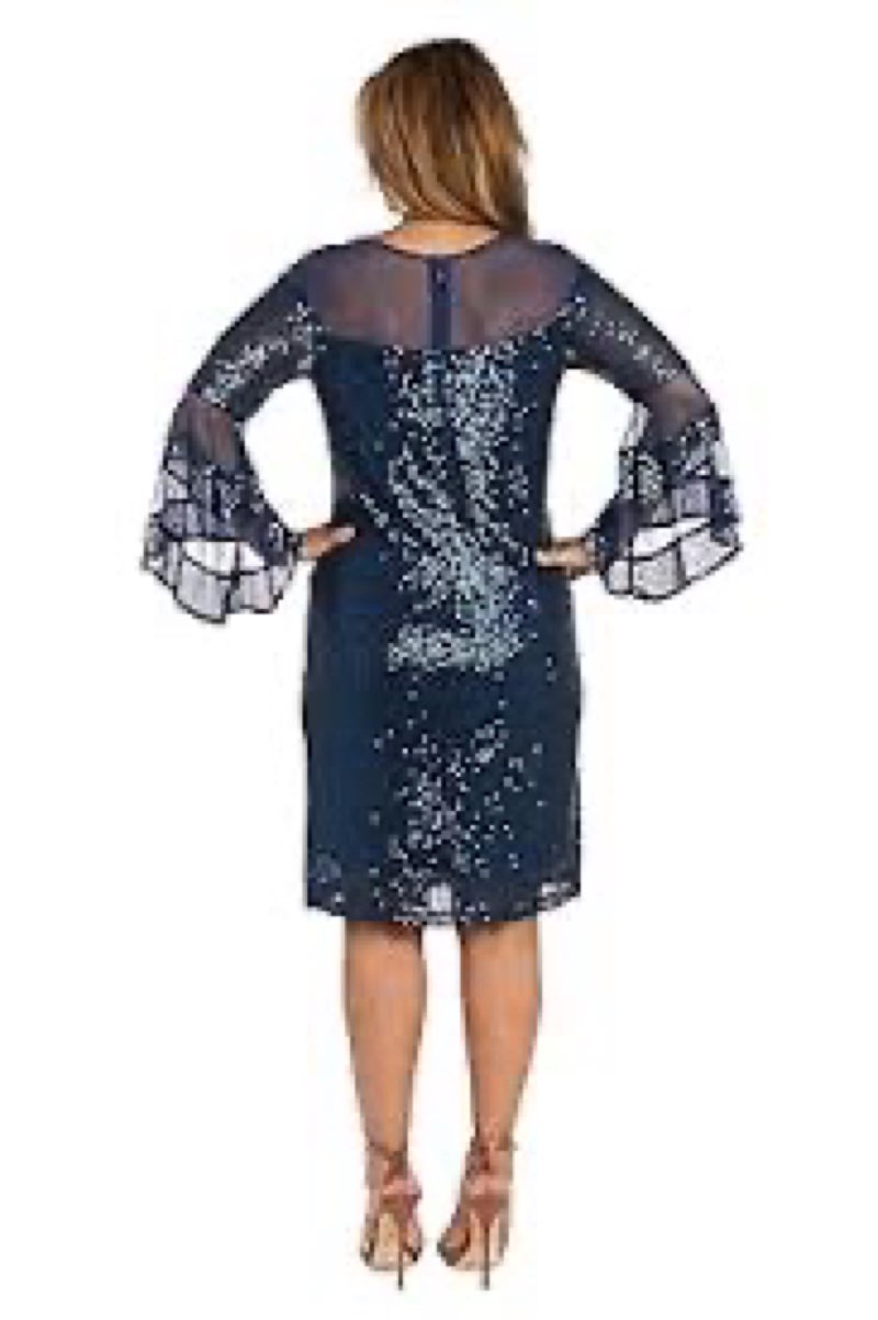 r&m richards women's knee length sequin dress w/illusion neckline & sheer bell sleeves peacock
