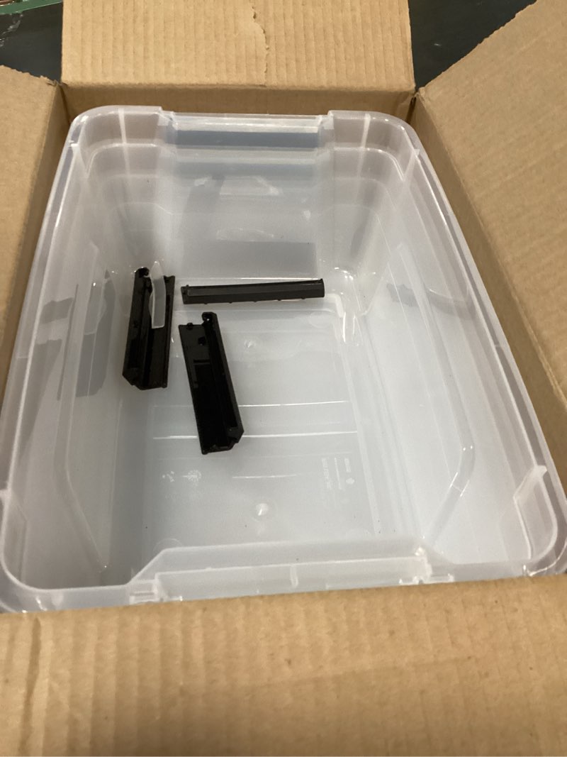 Condition photo showing As Is for IRIS USA 4-Pack Storage Bins with Lids, 13 Quart, Made in USA Stackable See-Through Organizing Solution Latches Durable Nestable Containers Secure Pull Handle, BPA-Free Plastic Clear 13 Qt 4 Pack