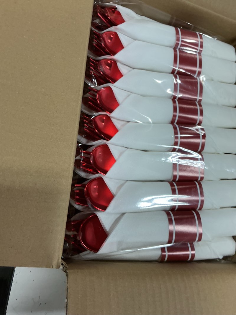 Condition photo showing New/Like New for goodluck 50 set red pre rolled plastic cutlery set, wrapped silverware set with 50 forks, 50 knives, 50 spoons and 50 napkins, perfect for party, wedding, christmas,valentines 50pc red