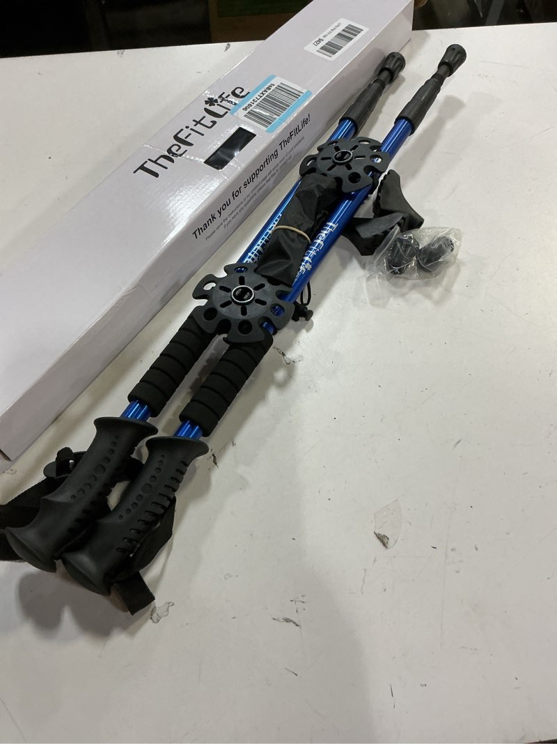 Condition photo showing Good Condition for thefitlife nordic walking trekking poles - 2 sticks with anti-shock and quick lock system, telescopic, collapsible, ultralight for hiking, camping, mountaining, backpacking, walking, trekking blue
