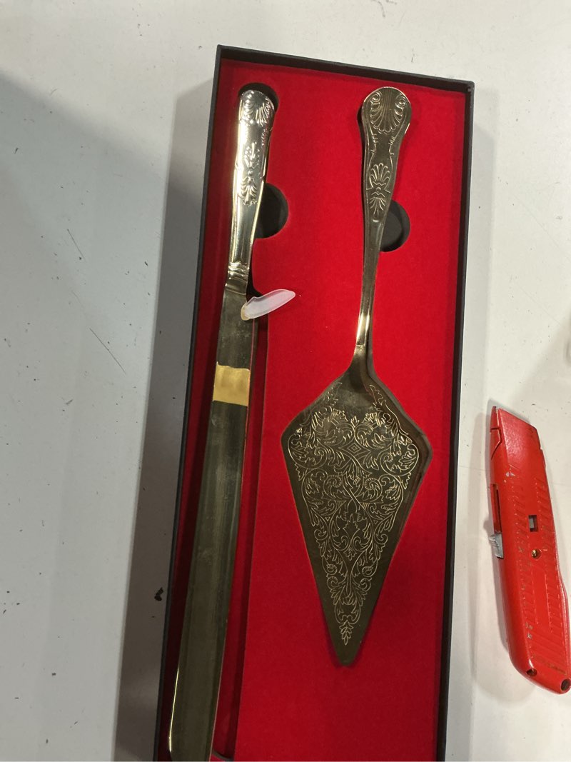 Condition photo showing Good Condition for orblue wedding cake knife and server set - premium, beautifully engraved cutting set - elegant keepsake for newlyweds - light gold