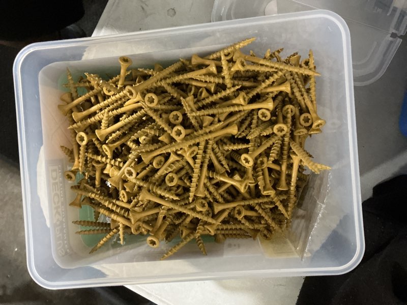 Condition photo showing As Is for deck plus #8 x 2-in wood to wood deck screws (625-per box)