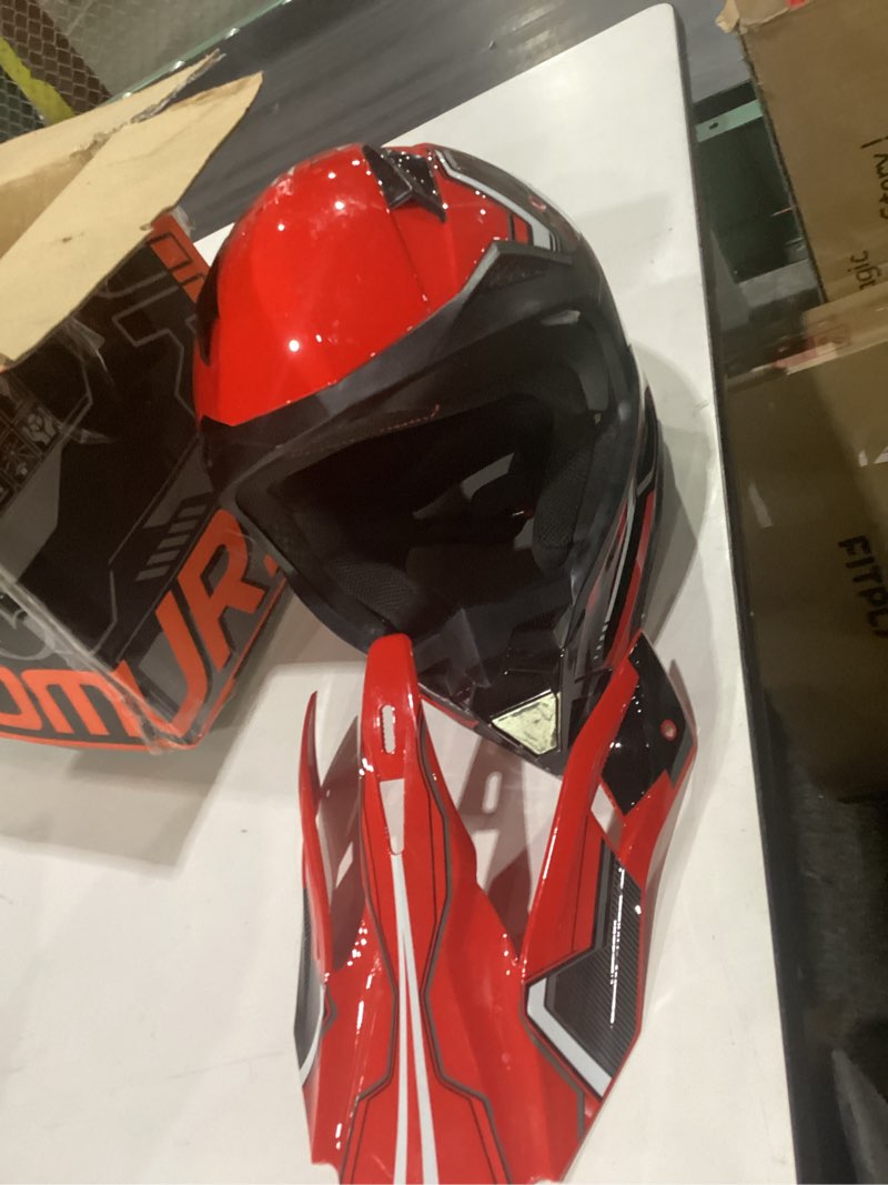 Condition photo showing As Is for oumurs adult motocross dirt bike helmet with goggles, gloves & mask dirt bike atv helmet for unisex-adult men women adjustable sun visor dot/fmvss-218 off-road motorcycle helmet utv helmet downhill red black x-large