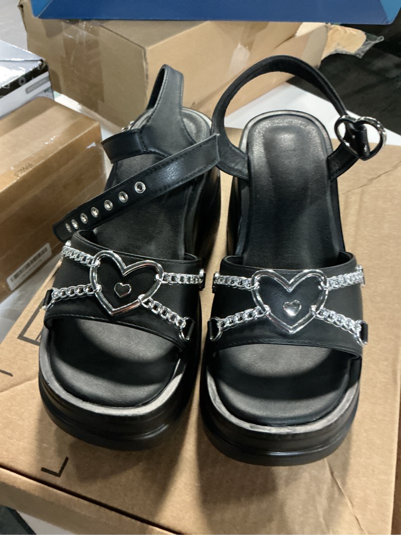 Condition photo showing Good Condition for gothic platform sandals for women y2k cross chain wedge sandals punk heart detail thick bottom comfortable summer shoes 7 black