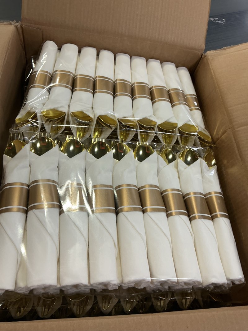 Condition photo showing New/Like New for Goodluck 700 Piece Gold Plastic Dinnerware Set for 100 Guests, Disposable Plates for Party, Include: 100 Dinner Plates, 100 Dessert Plates, 100 Pre Rolled Napkins with Silverware, 100 Cups Gold 700 Piece (100 guests)