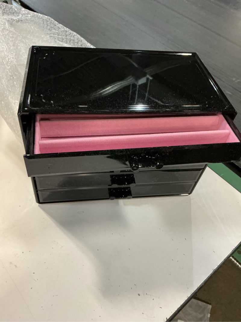 Condition photo showing New/Like New for yufong necklace holder organizer, dustproof necklace box velvet necklace organizer box with lid clear acrylic dustproof stackable jewelry displays for necklaces chain display (black end pink, 5 drawer)