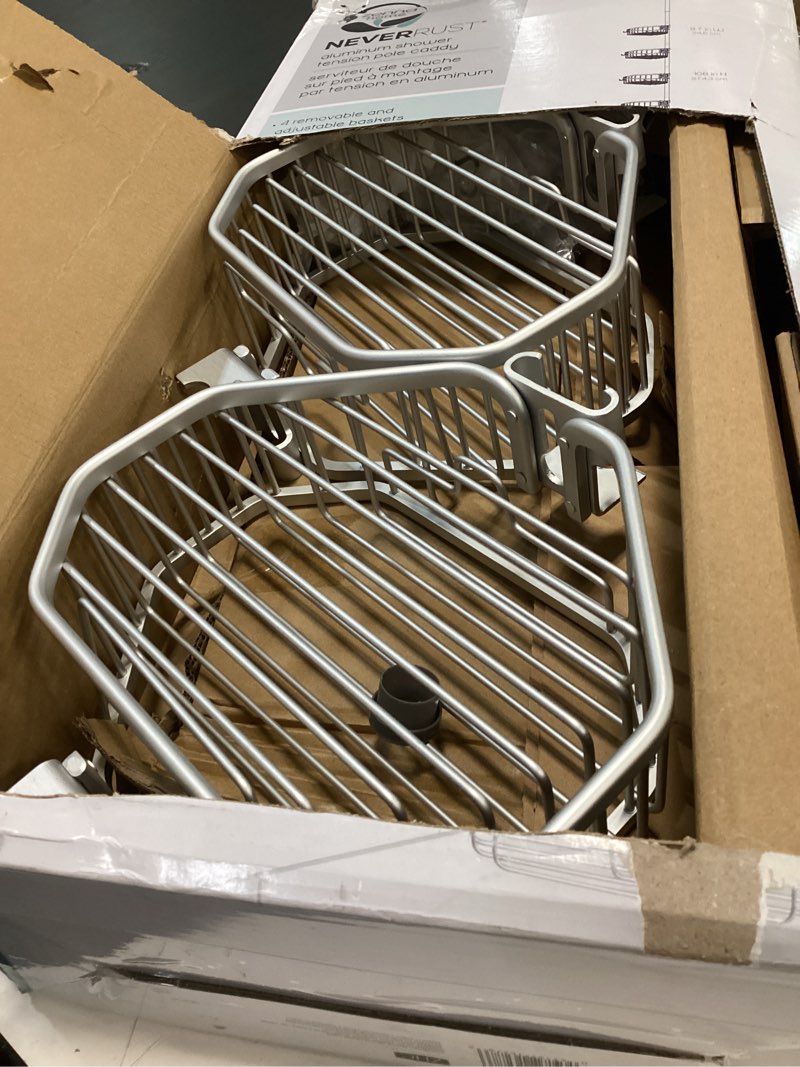 Condition photo showing Good Condition for Zenna Home Tension Pole Shower Caddy Corner Organizer, Adjustable Standing Shower Caddy with 4 Shelves, Rustproof Bathroom Tension Rod Organizer, 60 to 108 Inch, Satin Chrome Satin Chrome 60" to 108"