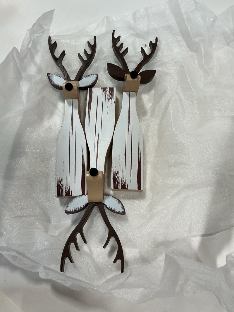 Condition photo showing Good Condition for Syhood 3 Pcs Wooden Reindeer Figurines Reindeer Table Signs Deer Tiered Tray Decor Rustic Farmhouse Deer Tabletop Centerpiece for Winter Home Office Mantel Fireplace Shelf Desk Party Decorations Christmas Reindeer