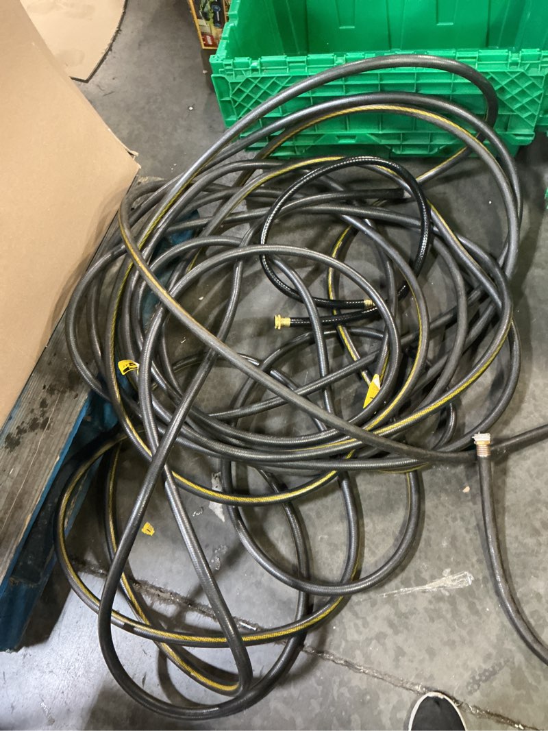Condition photo showing As Is for solution4patio homes garden hose black kink free 3/4 in. x 50 ft. commercial hose, no leaking, heavy duty, brass fittings 12 year warranty, no dop, environmental-friendly, #g-h165b10-us-new