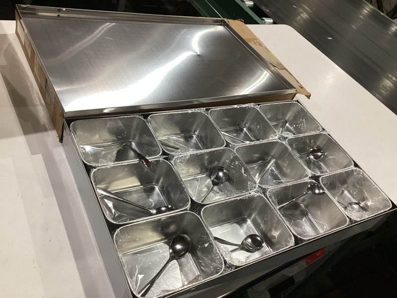 Condition photo showing As Is for boao 12 compartment 304 yakumi pans stainless steel seasoning condiment container with lids spoons, japanese yakumi pans mini sauces salad dressings storage for food, herbs, spices