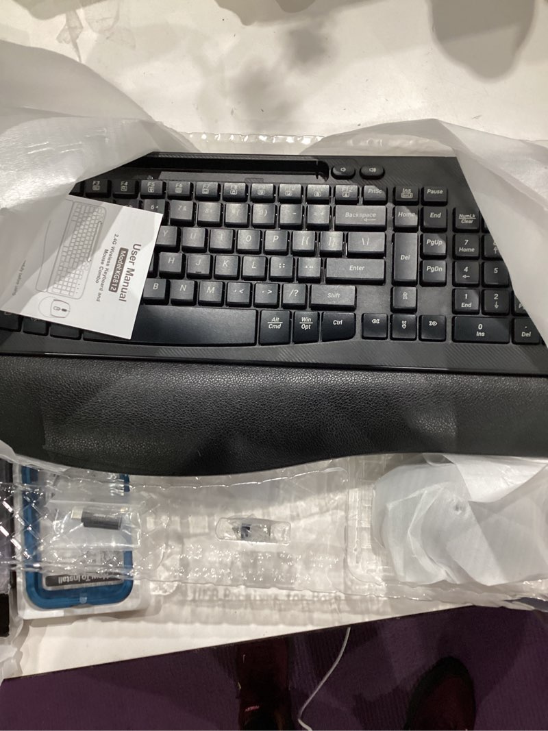 Condition photo showing Good Condition for wireless keyboard and mouse combo, wave keys full-sized ergonomic keyboard with cushioned plam rest, phone holder, comfortable natural typing, 2.4g cordless set for computer, laptop, pc, mac, windows black