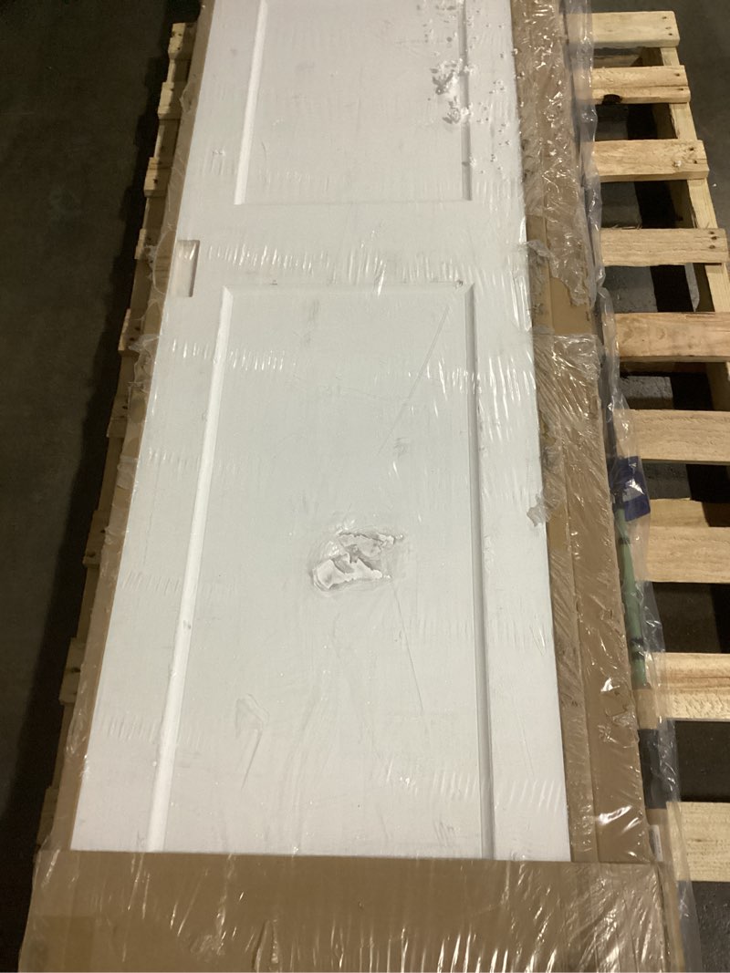 Condition photo showing Good Condition for JUBEST 48 in. x 80in. Bypass Closet Door, Flat 2 Panel Shaker Style White Primed Bypass Sliding Closet Door, Interior Doors with Hardware Kits Include, Pre-drilled, Paintable 48"x80"