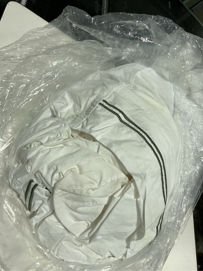 Condition photo showing As Is for organic crisp percale embellished deluxe bedding bundle, queen, white/dusty olive