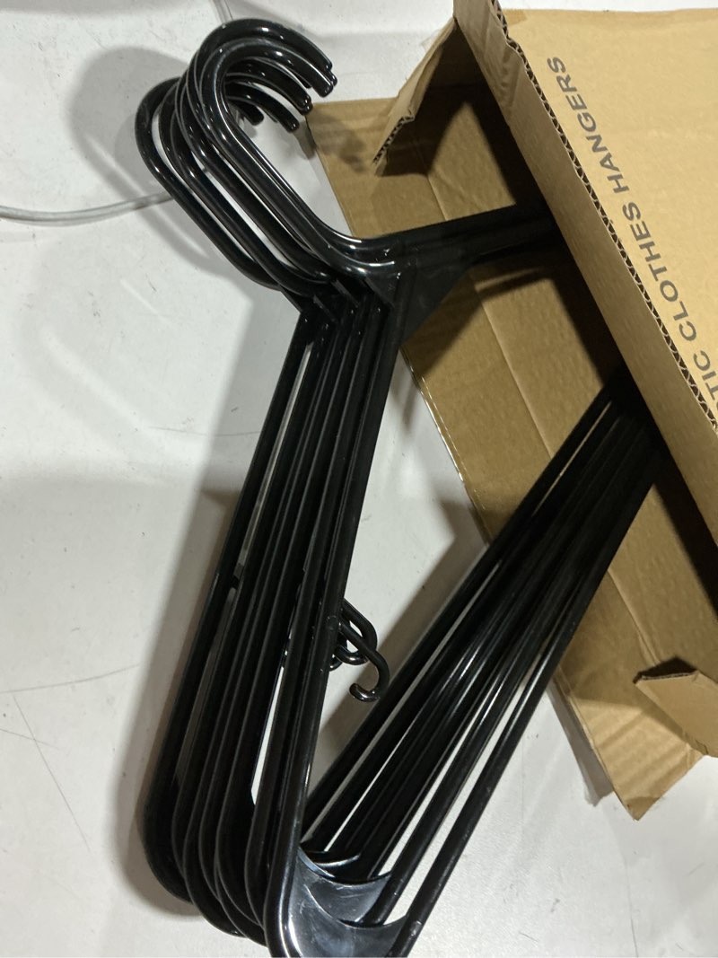 Condition photo showing Good Condition for house day plastic hangers 20 pack, space saving clothes hangers with built-in hooks, durable & strong closet organizers and storage, dorm room essential, perfect for shirts, coat, pants, dress - black 20 pack black