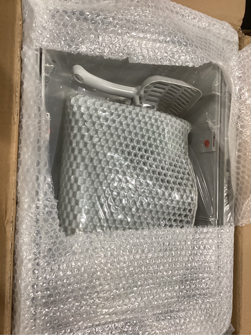 Condition photo showing New/Like New for stainless steel litter box with lid, xl extra large litter box, enclosed top entry metal litterbox for big cats, easy cleaning, anti-leakage & high sided with mat, aisle & scoop, light grey
